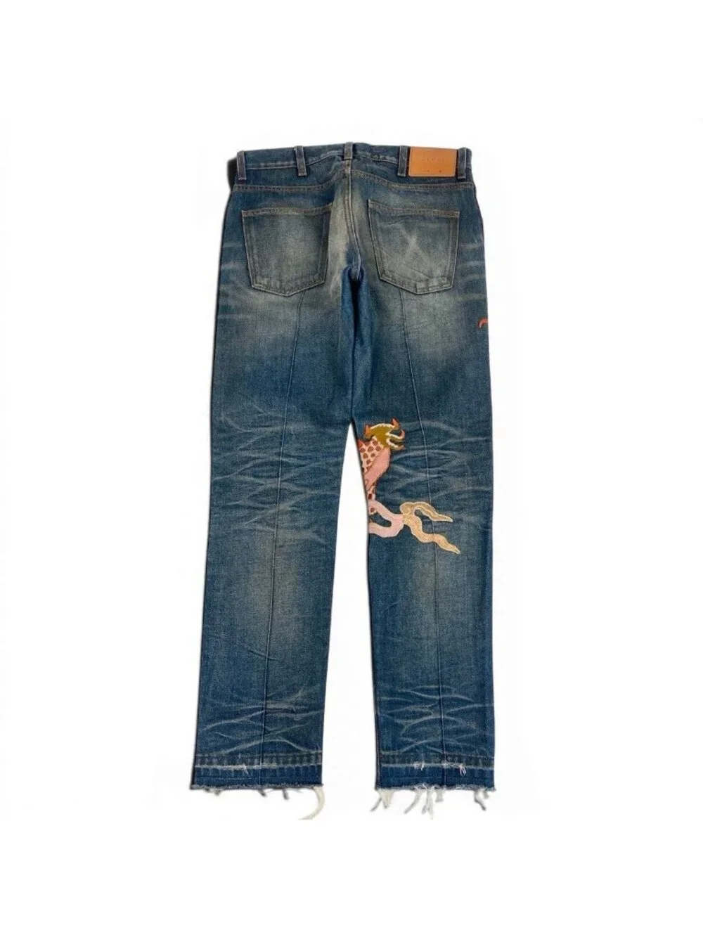 Gucci Dragon Flower Embroidery Vintage Wash Denim Pants Flour Embroidered Jeans
